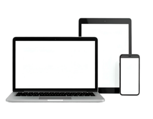 A modern laptop, tablet, and smartphone on a transparent black background, screens blank