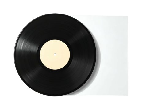 A classic black record with a blank label, next to a white paper sleeve, isolated