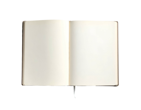 An open, blank, hardbound notebook, with ivory-colored pages ready for writing on a black background