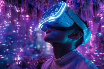 Man experiencing virtual reality using vr headset in futuristic neon metaverse