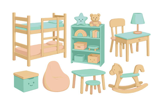 Vector Colorful children's furniture set with bunk bed, shelf, and rocking horse