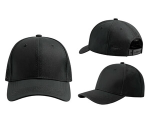 Three views of a matte black adjustable baseball cap with a structured front panel and brim