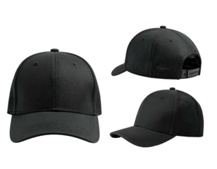 Three views of a matte black adjustable baseball cap with a structured front panel and brim