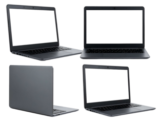 Four views of a dark gray laptop with a blank screen, perfect for digital product mockups