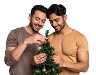 Happy gay mixed ethnicity couple decorating a small Christmas tree 