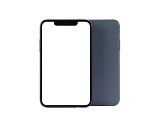 Two smartphones, one facing front with a black screen, the other showing the back