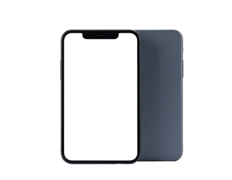 Two smartphones, one facing front with a black screen, the other showing the back