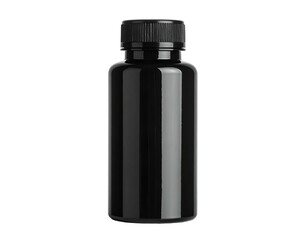 Glossy black cylindrical bottle with a dark, ridged cap against a pure black background