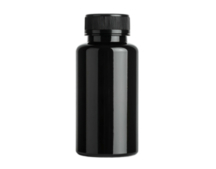 Glossy black cylindrical bottle with a dark, ridged cap against a pure black background
