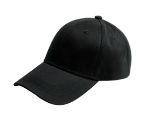 A black baseball cap on a dark background, featuring a curved bill and structured panels