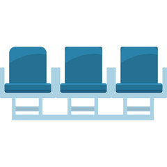 Row of three empty blue waiting chairs with light blue frame in a waiting area with transparent background