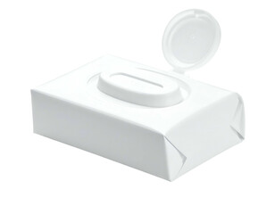 Isolated, pristine white package of wipes with open top lid on a black background