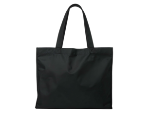 Black tote bag with handles, simple design against black background, studio shot