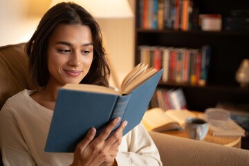 Young Woman Enjoying a Cozy Evening with a Book in a Warm and Inviting Living Room Atmosphere