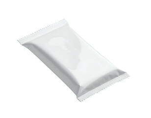 A plain, glossy white rectangular food packet tilted at an angle on a black background
