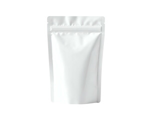 A crisp, isolated view of a blank, white, vertically-oriented, stand-up pouch with a zip closure