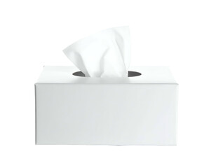 A white tissue box with tissues protruding from the circular opening