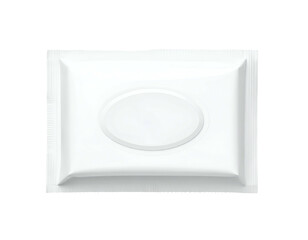 A square white packet with embossed oval shape, likely a single-use cleaning wipe packet