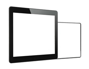 Two digital devices with black bezels, white screens, and rounded edges, angled on a black background