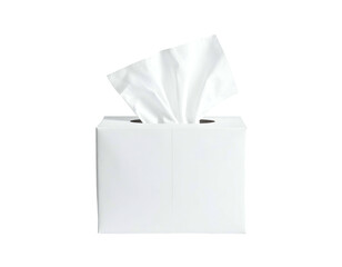 A square white box of facial tissues, with a tissue partially pulled out, on a black background