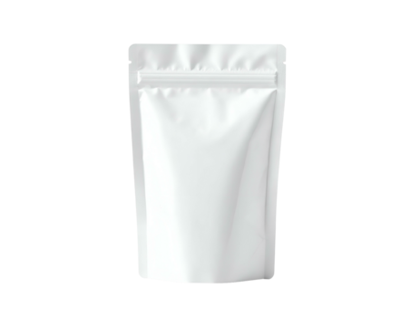 A crisp, isolated view of a blank, white, vertically-oriented, stand-up pouch with a zip closure