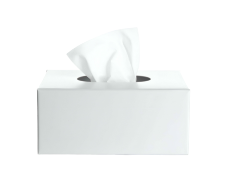 A white tissue box with tissues protruding from the circular opening