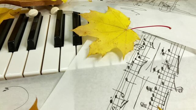 Acoustic Autumn Duet: A beautiful wooden ukulele rests on the keys of an old upright piano, surrounded by golden maple leaves and handwritten sheet music
