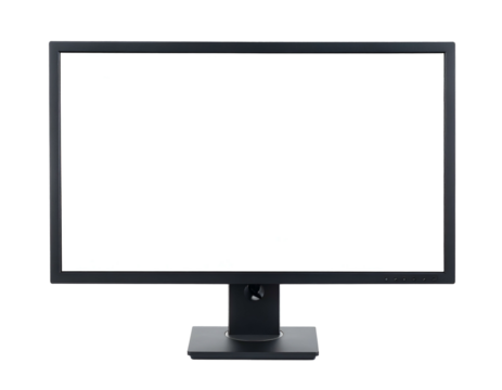 A black computer monitor with a blank white screen, ready to display information