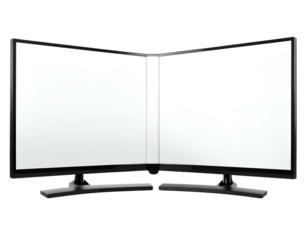 Angled, curved, black dual-screen monitors with blank white displays on a black background