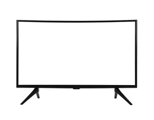A flat-screen television with thin black bezels and minimalistic, v-shaped legs