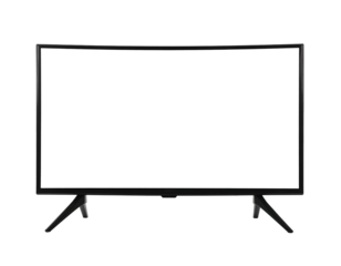 A flat-screen television with thin black bezels and minimalistic, v-shaped legs