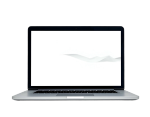 Silver laptop computer against a black backdrop, screen displaying a white flowing graphic