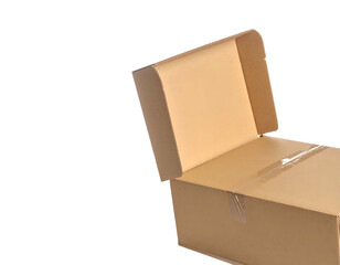 Partially open cardboard box with a lifted top flap, clear tape, and a dark background