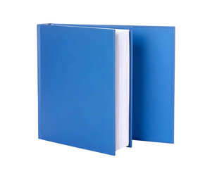 A vibrant blue book, open to the reader, showing bright white paper pages and clean edges