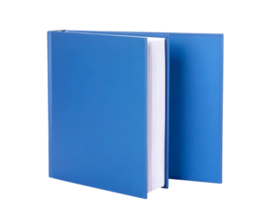 A vibrant blue book, open to the reader, showing bright white paper pages and clean edges