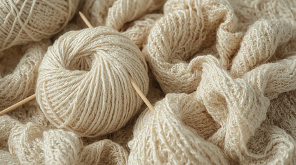Neutral Beige Yarn Skeins Close-Up. Cozy skeins of beige yarn placed on soft textile background. Perfect for craft, knitting, or handmade product visuals.
