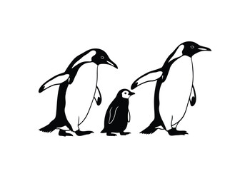 Obraz premium Three Emperor Penguins Walking Family Adult Chicks Side by Side Black White Vector