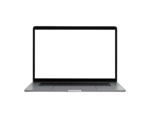 Front view of a closed, silver laptop with a blank white screen against a black background