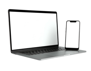 A laptop and a smartphone with blank screens sit on a black surface