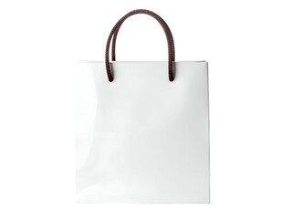 A white, glossy shopping bag with brown handles, isolated on a transparent background