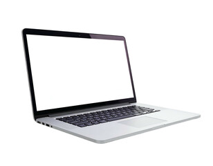 Fototapeta premium Modern open portable computer on a black backdrop, screen clear for text or graphics