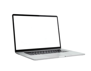 Isolated laptop, screen blank, on black background, angled view, modern computing device