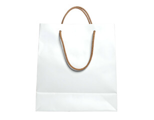 A bright white shopping bag with a brown rope handle, isolated on a solid black background