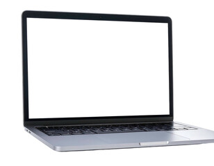 Modern laptop angled, open, blank screen, dark keyboard, isolated on a transparent background