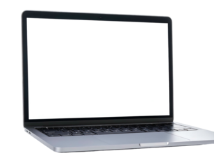 Modern laptop angled, open, blank screen, dark keyboard, isolated on a transparent background