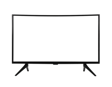 A flat-screen television with thin black bezels and minimalistic, v-shaped legs