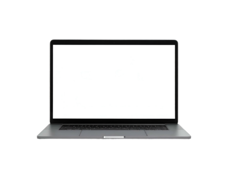Front view of a closed, silver laptop with a blank white screen against a black background
