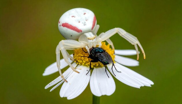 Macro shot of a spider preying on a fly on a flower