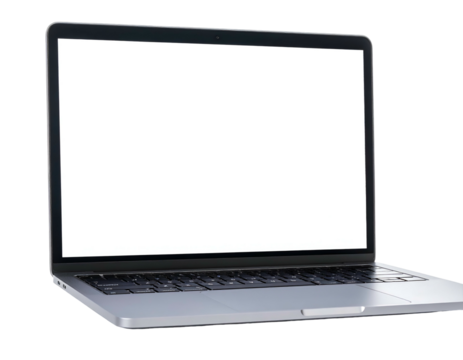 Modern laptop angled, open, blank screen, dark keyboard, isolated on a transparent background