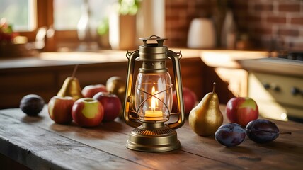 A vintage brass oil lantern glows warmly on a rustic wooden table surrounded by an assortment of fresh apples pears and plums